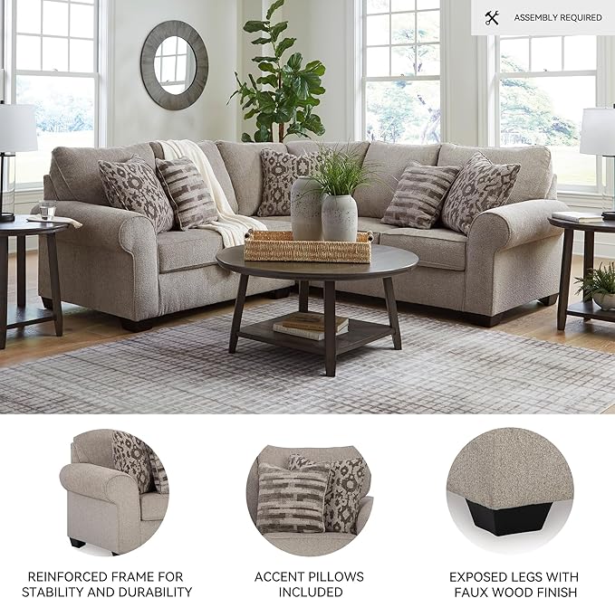 Signature Design by Ashley Claireah Casual L-Shaped 2-Piece Sectional with Loose Seat Cushions and 5 Accent Pillows, Beige