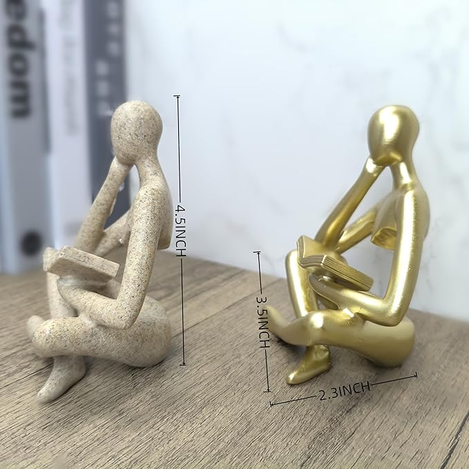 Gold Thinker Statue - Abstract Reading Sculpture 4.5“, Art Modern Decor for Living Room Coffee Tables, Bookshelves & Office Desks | Elegant Accent for Home & Library Spaces (Gold)