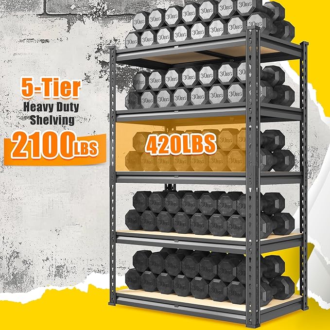 72.12" H Garage Shelving, Storage Shelves Load 2100LBS, 5-Tier Adjustable Shelving Unit with Thickened Wooden Boards for Multiple Scenarios, 72.12" H x 35.55" W x 11.85" D, Black, 4 Pack