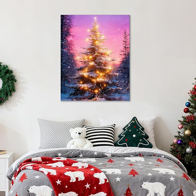 Framed Christmas Pictures Wall Decor,Vintage Pine Tree Prints,Winter Christmas Canvas Wall Art Decoration for Bedroom Bathroom Living Room Rustic Xmas Holiday Gifts (Christmas Tree 18, 20'' X 32'')