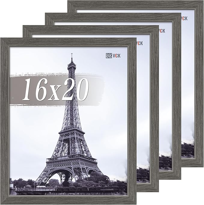 VCK 16x20 Picture Frame Set of 4 - Grey, Gallery-Quality Wood Poster Frames, 1.1-Inch Wide Border, Polished Plexiglass, Vertical or Horizontal Wall Display for Photo/Art/Prints, Grey