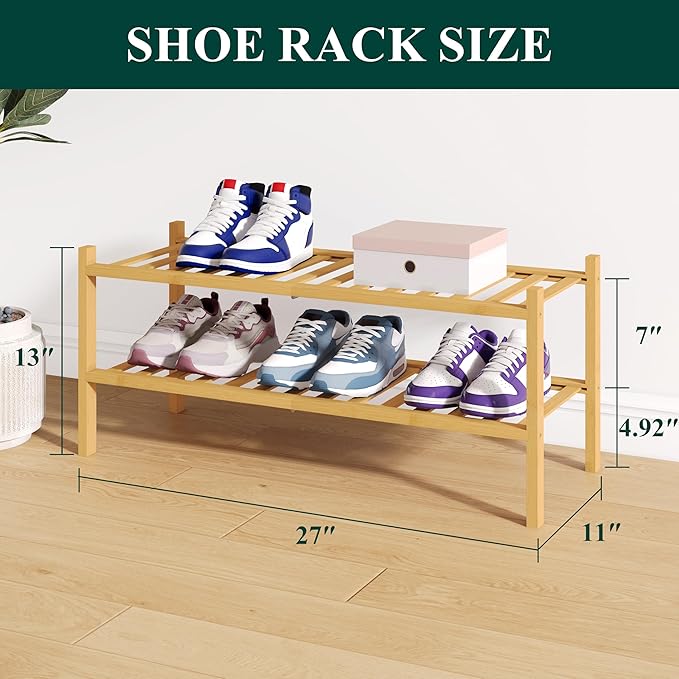 Smiry Bamboo Shoe Rack for Closet, 2 Tier Wooden Stackable Shoe Organizer, Free Standing Shoes Storage Shelf for Entryway, Front Door Entrance, Natural