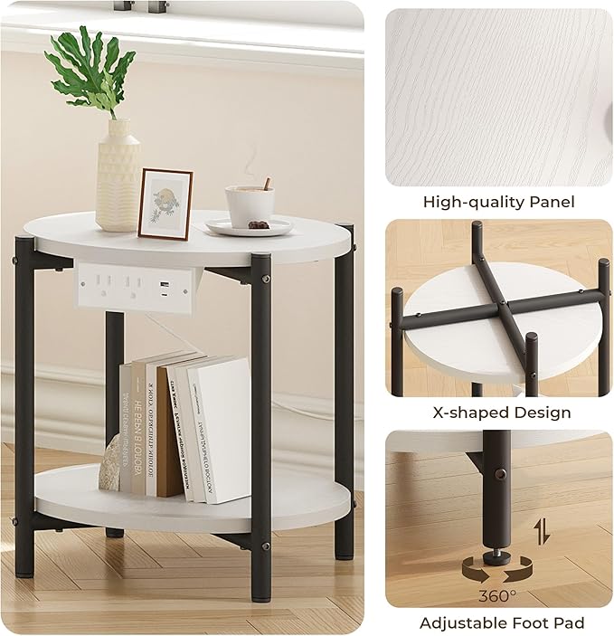 LIKIMIO Small Round End Tables Set of 2 with Charging Station, 2-Tier Wooden Side Tables, 15.8" W Modern Nightstands for Small Spaces, Living Room, Bedroom, White