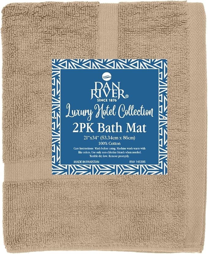 DAN RIVER Classic Bath Mat - Tan, 100% Ring Spun Cotton, Pack of 2, 21x34 inches, 800 GSM, Non-Slip, Absorbent, Quick Drying, Machine Washable Bathroom Floor Mats for Shower, Kitchen & Bath
