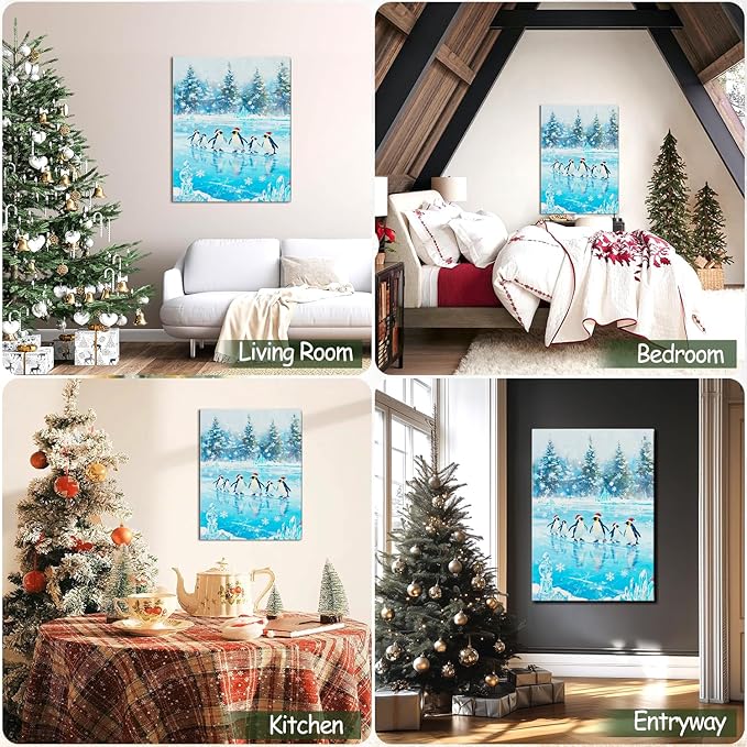 Christmas Penguin Canvas Wall Art - Playful Penguins in Snowy Forest Scene Framed Print for Living Room & Bedroom, Cozy Christmas Wall Decor, Charming Christmas Gifts & Festive Decorations