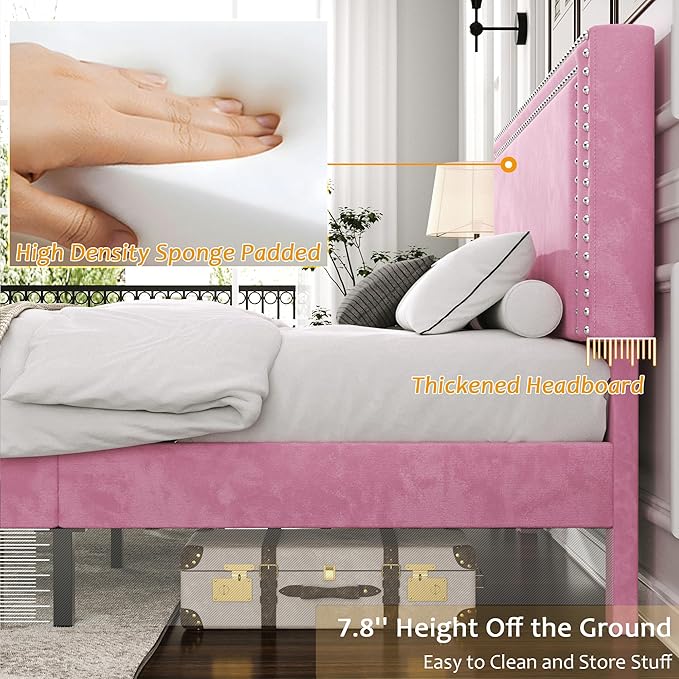 VECELO Full Size Bed Frame with Adjustable Upholstered Headboard, Wooden Slats Platform, Noise-Free Design, No Box Spring Needed, Easy Assembly