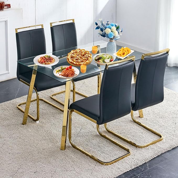 Dining Table Set of 4,51" Rectangle Tempered Glass Table Top with Golden Metal Legs,Kitchen Room Table with 4 Black Faux Leather Chairs,Dinner Tables Set for Dining Room Office