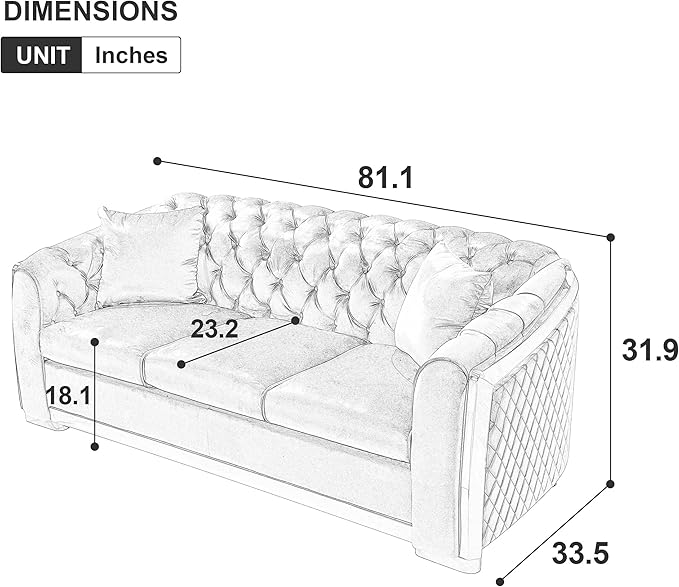 KEIKI 81" Luxury Oversized Velvet Chesterfield Sofa with Gold Stainless Decoration, Mid-Century Style 3-Seater Couch with Tufted Back and Rolled Arms, Easy Assembly, for Apartment, Living Room, Black