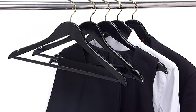 Quality Black Wooden Hangers - Slightly Curved Hanger Set of 30-Pack - Solid Wood Coat Hangers with Stylish Chrome Hooks - Heavy-Duty Clothes, Jacket, Shirt, Pants, Suit Hangers (Black-Gold Hook, 30)