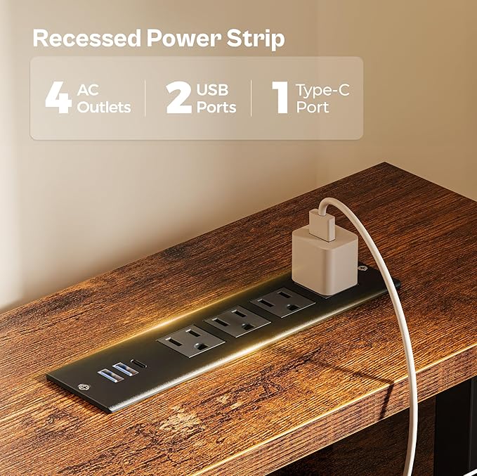 Huuger 47 inch Computer Desk with 4 Drawers, Gaming Desk with LED Lights & Power Outlets, Home Office Desk with Large Storage Space for Bedroom, Work from Home, Rustic Brown and Black