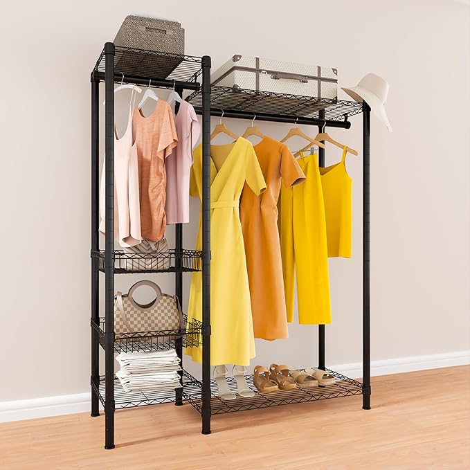 Xiofio 6 Tiers Heavy Duty Clothes Rack,Metal Clothing Rack, Adjustable Clothing Rack with Hanging Rod and Wire Fixing Baskets,Max Load 600LBS,Black