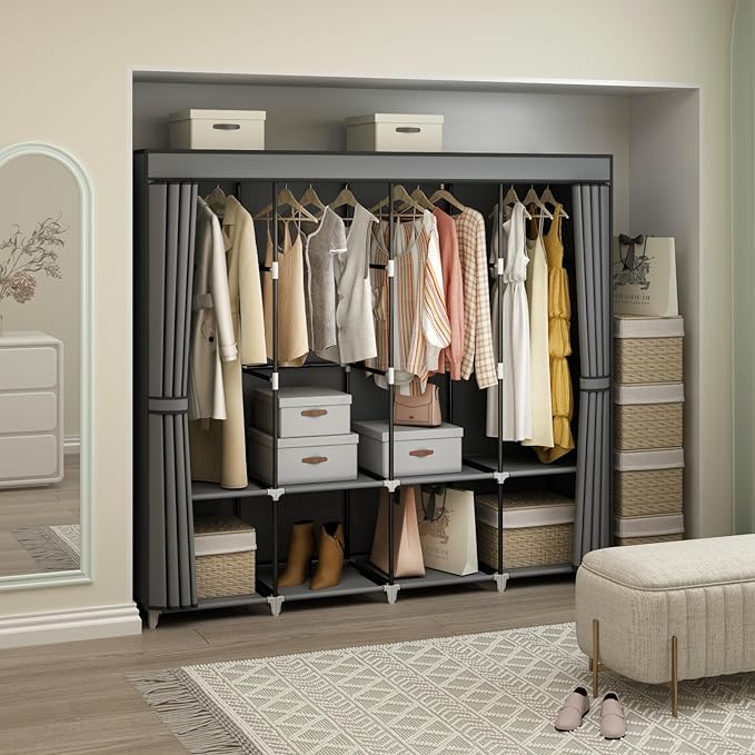 Portable Closet Wardrobe, 67-Inch Clothes Organizer with 4 Hanging Rods and 8 Shelves, Non-Woven Fabric Cover, Large Capacity Storage for Bedroom and Living Room, Grey