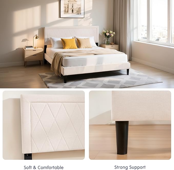 Hokway Bed Frame Upholstered Platform Bed with Headboard Wooden Slat Support No Box Spring Needed(Twin, Soft Beige)