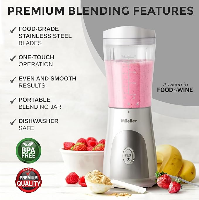 Mueller Smoothie Blender for Smoothies - Personal Blender for Shakes, Frozen Drinks, Baby Food & More, 15oz Travel Cup and Lid, Durable Stainless Steel Blades for Powerful Blending Performance, White