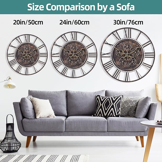 Moving Gear Large Wall Clock 30inch/76cm Copper, Decorative Wall Clocks for Living Room, Unique Farmhouse Steampunk Metal Wall Clock Decor, Office Wall Clocks