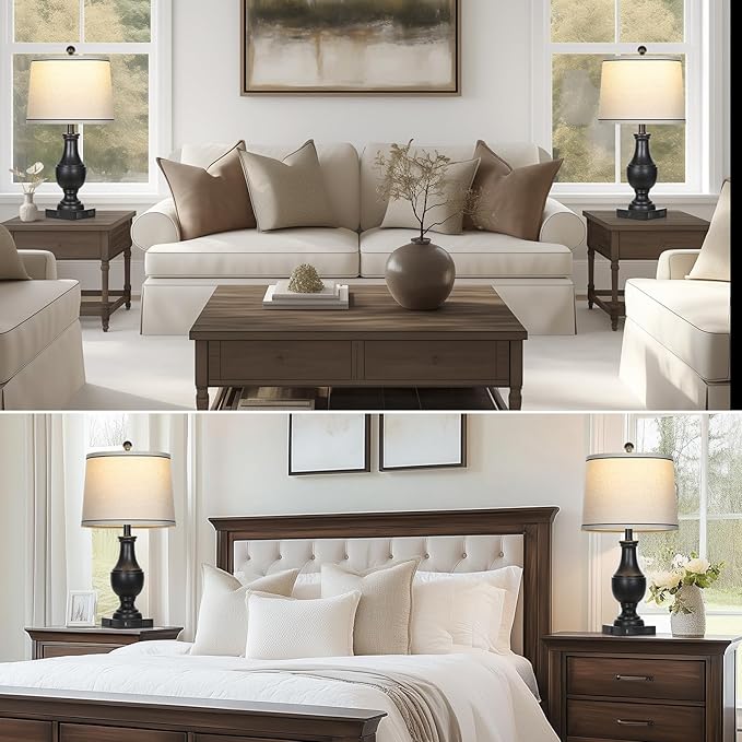 Table Lamps for Living Room Set of 2, Farmhouse Vintage Table Lamp with USB A+C Charging Ports & AC Outlet, 25" Black Rustic Traditional Lamps for Bedroom Nightstand Desk(2 LED Bulbs Included)