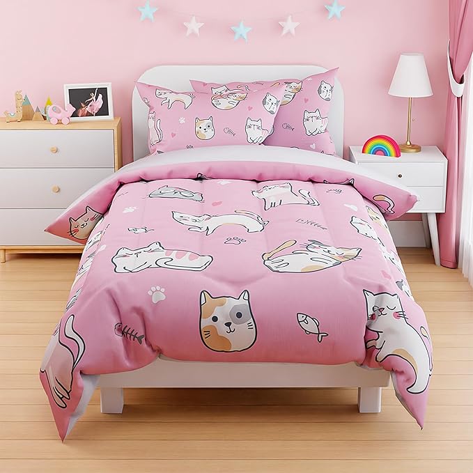 Cat Duvet Cover Sets Twin Size for Kids Girls, Include 1 Polyester Comforter Cover 68x86 Inches and 1 Pillowcase 20x26 Inches, Comforter Not Included, Gift for Christmas Birthday