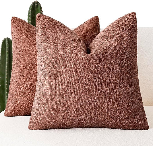 Foindtower Set of 2, Decorative Textured Boucle Throw Pillow Covers Accent Solid Pillow Cases Neutral Cozy Couch Cushion Case for Chair Sofa Bedroom Living Room Home Decor 26x26 Inch Orange Rust Red