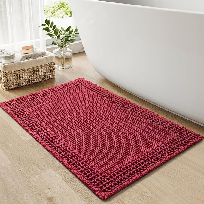 RESARE Waffle Bath Mat for Bathroom, Super Absorbent Bathroom Rugs Non Slip Machine Washable, Ultra Soft Quick Dry Boho Bath Rugs with Tassels for Floor, Upgraded Bordered Design, 24"x36" Red
