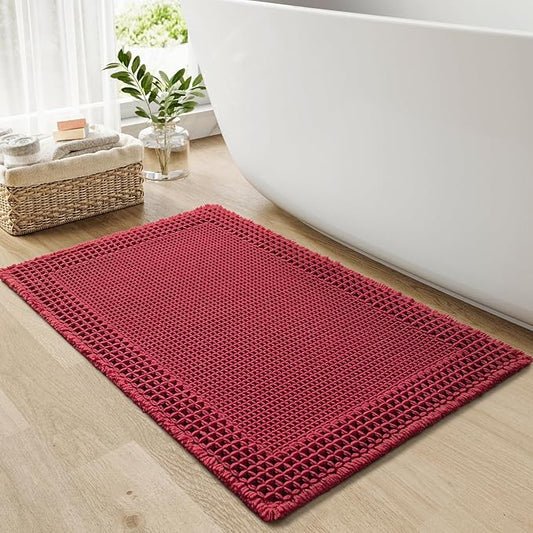 RESARE Waffle Bath Mat for Bathroom, Super Absorbent Bathroom Rugs Non Slip Machine Washable, Ultra Soft Quick Dry Boho Bath Rugs with Tassels for Floor, Upgraded Bordered Design, 17"x24" Red