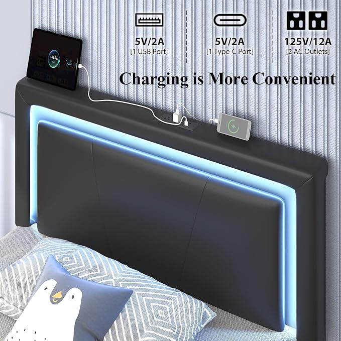 Twin Size Bed Frame with 4 Storage Drawers and LED Lights, Upholstered Platform Bed with Adjustable Headboard and Charging Station, Metal Slats Support, No Box Spring Needed,Easy Assembly, Black