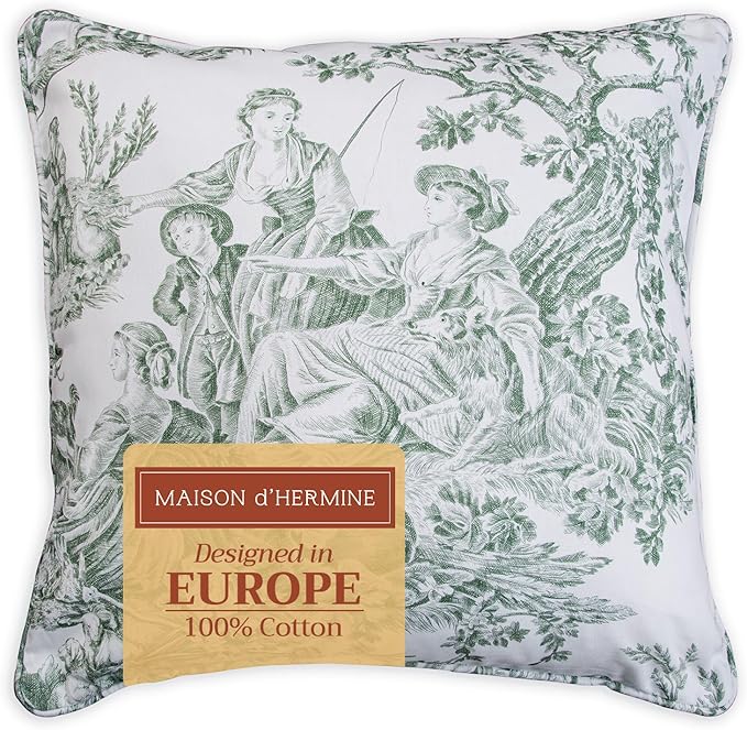 Maison d' Hermine Decorative Pillow Covers 20x20 Inch Square 100% Cotton Throw Pillow Covers with Invisible Zipper for Couch, Chair, Sofas, Bedroom, Home (The Miller - Antique Green (White))