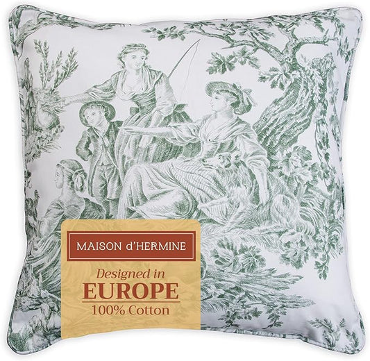 Maison d' Hermine Decorative Pillow Covers 18 x 18 Inch Square 100% Cotton Throw Pillow Covers with Invisible Zipper for Couch, Chair, Sofas, Bedroom, Home (The Miller - Antique Green (White))