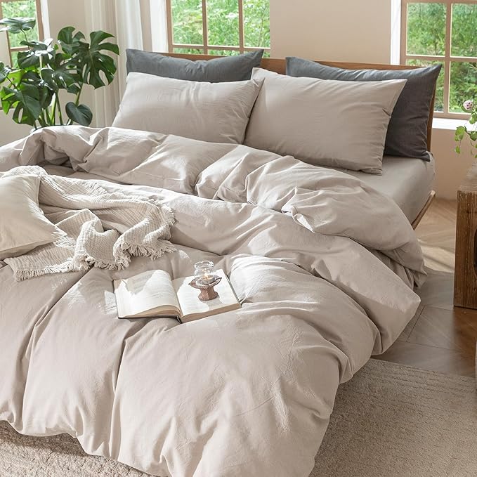 MooMee Bedding Duvet Cover Set 100% Washed Cotton Linen Like Textured Breathable Durable Soft Comfy (Solid Light Tan, Palatial King/Oversized King 120"x98")