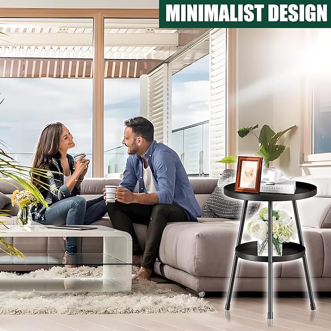 Small Side Table Round 2 Tier End Table Metal Round Coffee Tables Nightstand for Small Spaces Indoor Outdoor and Living Room Bedroom or Office