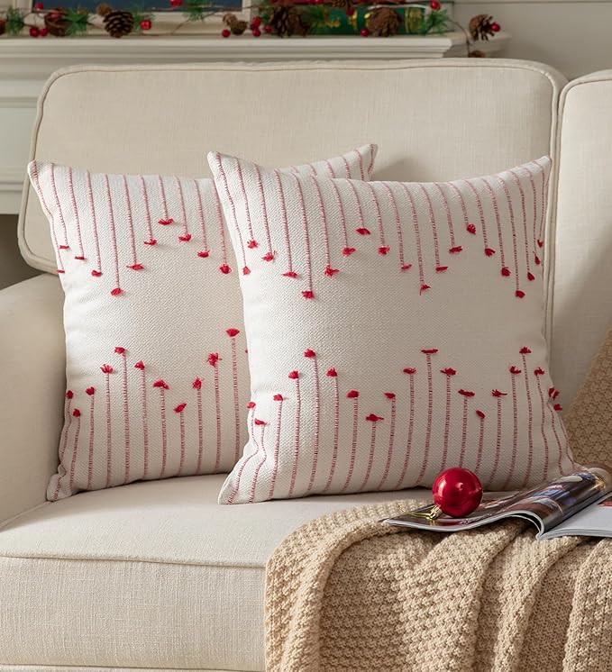 Caflife Boho Christmas Throw Pillow Covers 18x18 Set of 2, Holiday Christmas Decorative Pillow Covers Beige with Red Line for Modern Farmhouse Couch Sofa Bedroom Living Room Outdoor