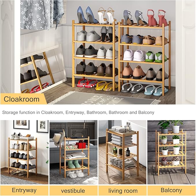 Small Shoe Rack, 4-Tier Bamboo Stackable Shoe Shelf Storage Organizer, Shoe Stand for Closet, Entryway and Hallway