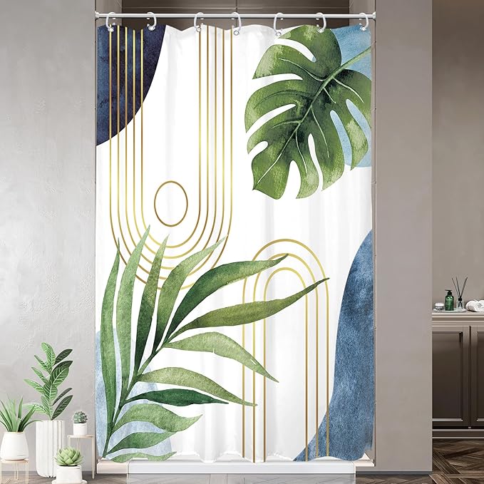 Glawry Narrow Boho Blue Green Shower Curtain Mid Century Modern Abstract Tropical Palm Leaf Botanical Minimalist Bathroom Geometric 48Wx72L Inches Bath Accessories Art Home Decor Fabric 7 Pack Hook