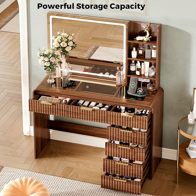 47“Makeup Vanity Desk with Mirror and Lights, Vanity Desk with 7 Drawers & Storage Shelves, Vanity Table with Power Outlet, 3 Color Modes & Adjustable Brightness Dressing Table, Bedroom,Brown