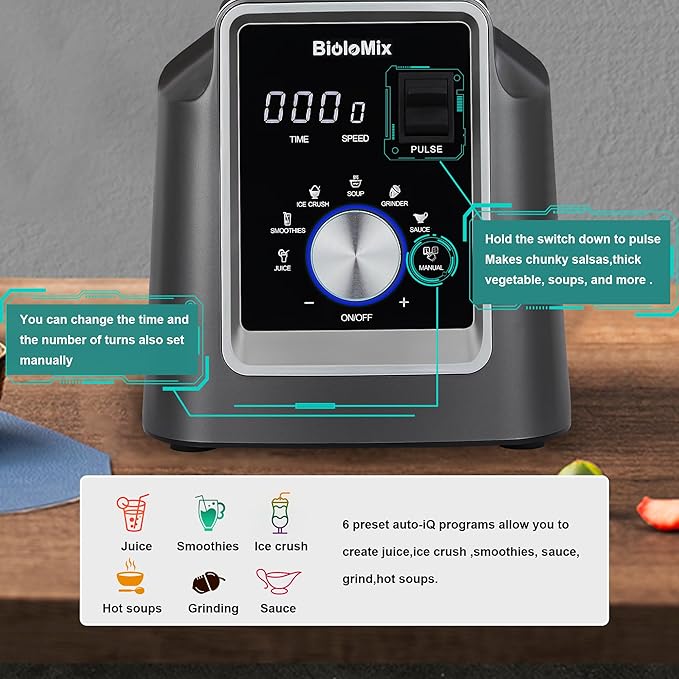 Biolomix Professional Blender, 2200W 6 Automatic Program for Kitchen, Smoothie 70 Oz Capacity with 600 ML Portable Bottle, Ice Blender for Frozen Drinks, Soup, Baby Food（Grey）