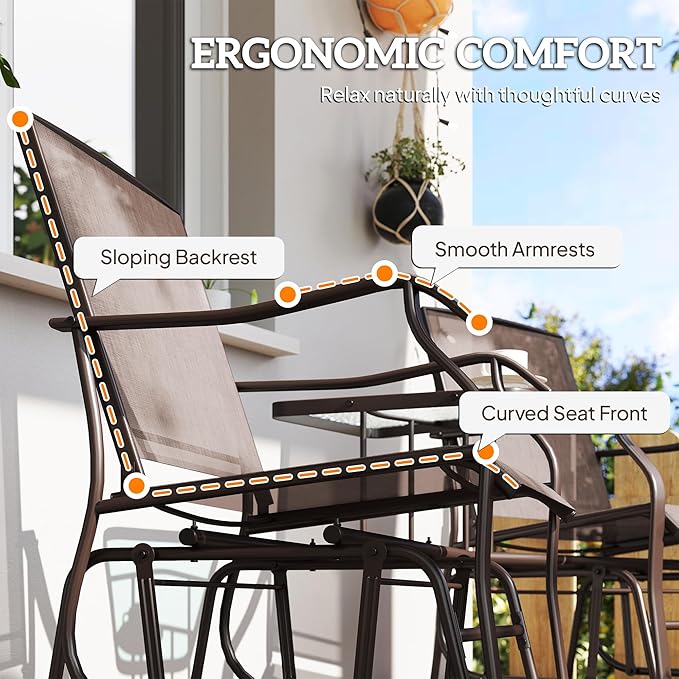 Outsunny Outdoor Glider Chairs with Coffee Table, Patio 2-Seat Rocking Chair Swing Loveseat with Breathable Sling for Backyard, Garden, and Porch, Coffee Brown