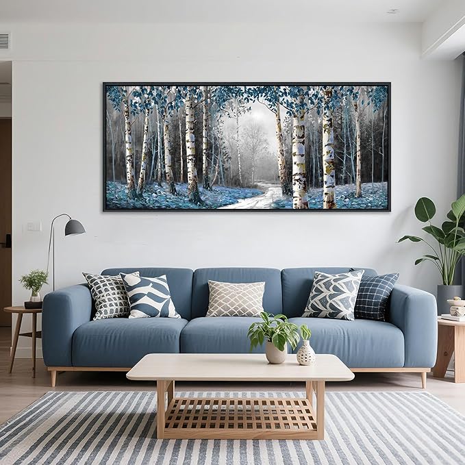 HKDGOKA Large Landscape Wall Art, Gray Blue Birch Tree Abstract Canvas Painting Picture Modern Misty Forest Artwork Framed for Living Room Bedroom Office Kitchen Home Wall Decor 71"x32"