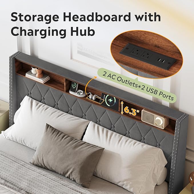WLIVE King Size Upholstered Bed Frame with Storage Headboard, Velvet Square Tufted Platform Bed with Charging Station, Sturdy Metal & Wooden Slats Support, No Box Spring Needed, Grey