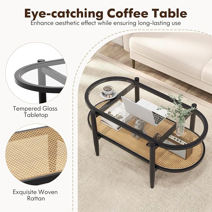 MAT EXPERT Rattan Coffee Table, 2 Tier Boho Oval Living Room Table w/Glass Tabletop Wood Frame & Storage Shelf, 40’’L Mid Century Modern Tea Table, Center Table for Living Room Home Office, Black