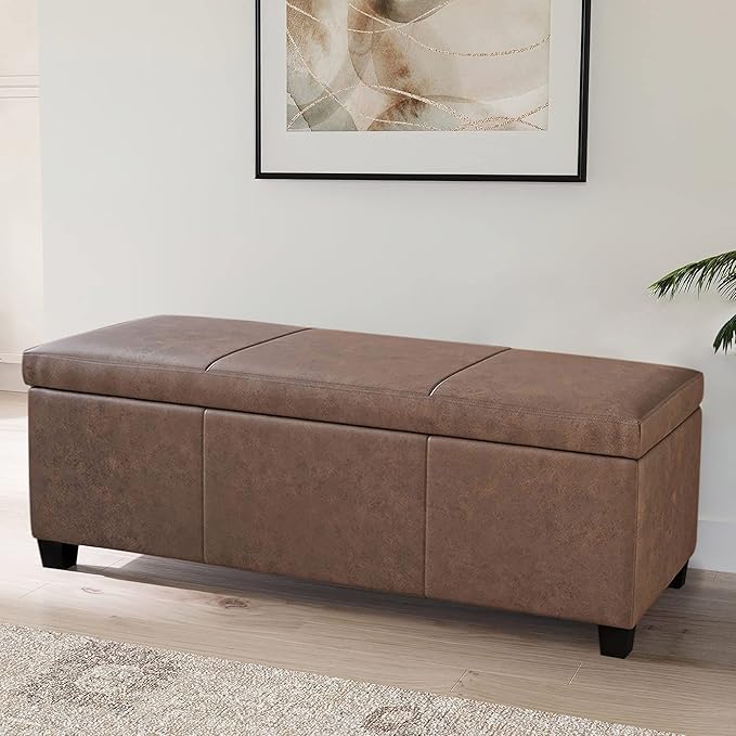 BELLEZE Storage Faux Leather Ottoman, 47 Inch Bench Bedroom Bench with Safety Close Hinge, Extra Long Ottoman with Storage for Living Room, Entryway, Foot Rest, Support 300lbs - Rustic Brown
