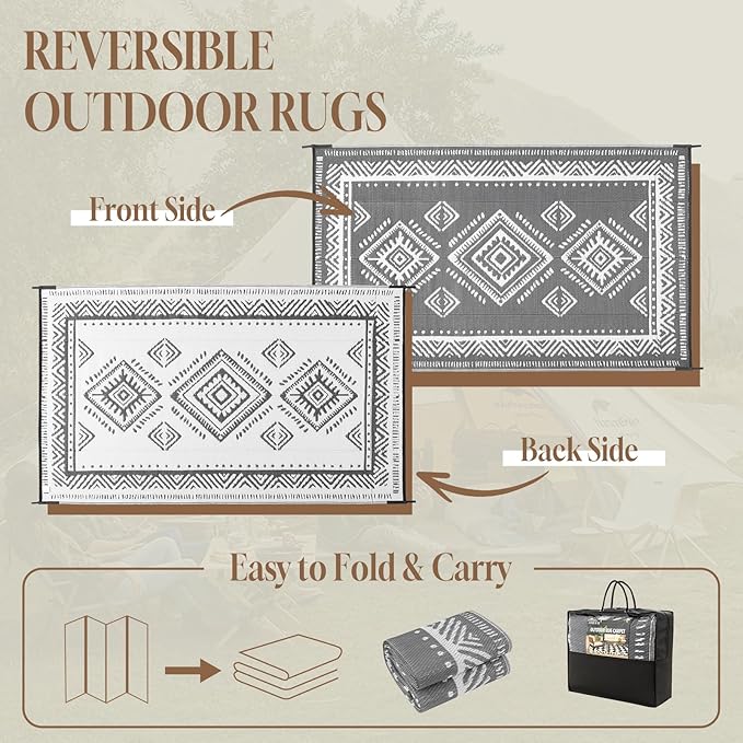 OMERAI Reversible Waterproof Outdoor Rug for Backyard,Plastic Textured Resistant Outdoors Rugs,Portable Washable Easy Cleaning Foldable Camping Beach Carpet for Patio Courtyard, 5'x8' Gray & White