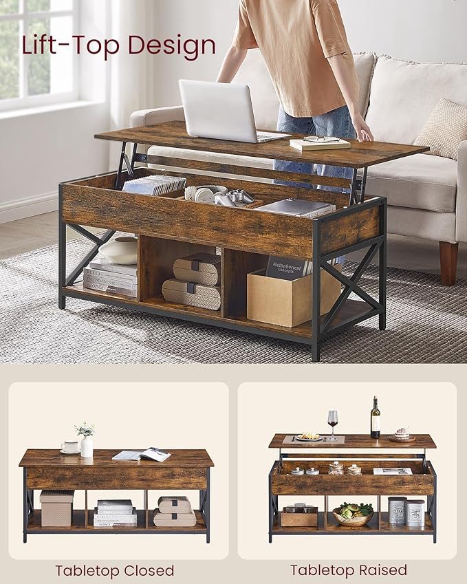 VASAGLE Lift Top Coffee Table, Lift Coffee Table with Storage Shelf, Hidden Compartments and Lifting Top, for Living Room, Office, 19.7 x 47.2 x (19.3-24.4) Inches, Rustic Brown and Black ULCT212B01