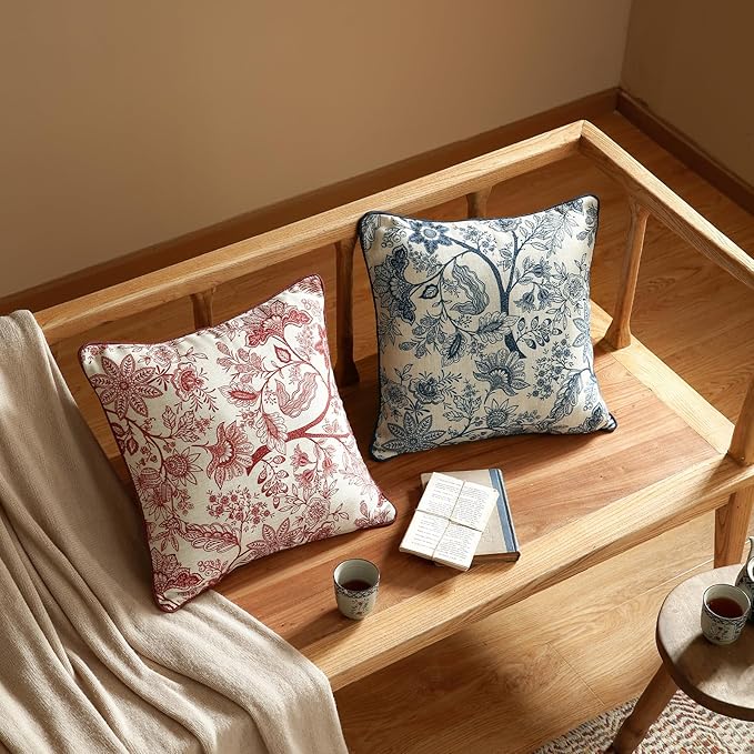 Design Linen Square Throw Pillow Covers 18"x18" Pack of 2, French Country Cushion Covers with Blue Toile de Jouy Floral Pattern Decoration Pillowcases for Bed, Living Room, Outdoor, Car