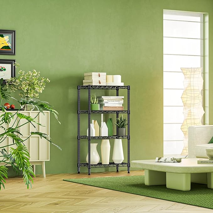 IZEUK 4 Tier Steel Storage Shelves, Heavy Duty Metal Shelf Wire Shelving Rack for Pantry, Kitchen, Living Room, or Office Organization (11.8" D x 21.7" W x 39.5" H, 1000LBS, Black)