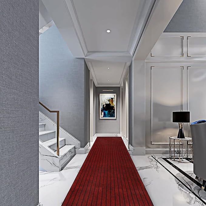 3' x 32' Runner Rugs with Rubber Backing, Indoor Outdoor Utility Carpet Runner Rugs, Stripe Red, Can Be Used as Aisle for The RV and Boat, Laundry Room and Balcony