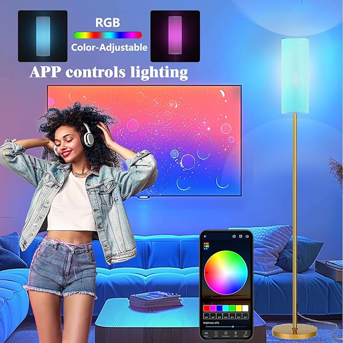Smart LED Floor Lamp with APP Control & RGB Colors - Dimmable Standing Lamp for Living Room, Bedroom, Gaming - Remote, Timer, 9W Bulb Included, 67" Modern Tall Lamp (Gold)