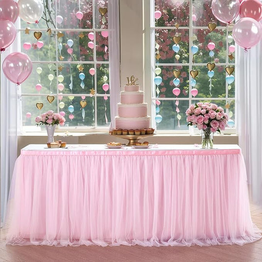 Suppromo 6ft Pink Tulle Table Skirt Baby Shower Tablecloth for Rectangle Tables or Round Tables Pink Ruffle Tutu Table Skirts Desk Skirt for Princess Girls Birthday Party Cake Dessert Decorations
