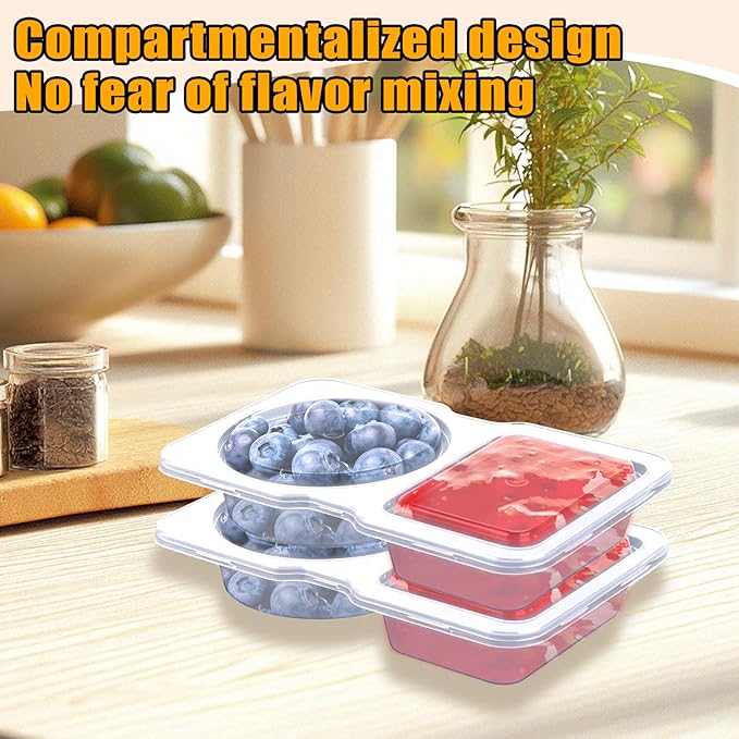 20 Pack Reusable Snack Containers with Lids - Double Compartment Sauce Cups with 20 Forks, Microwave Safe Portion Control Containers for Meal Prep, Take-out, Party & Travel