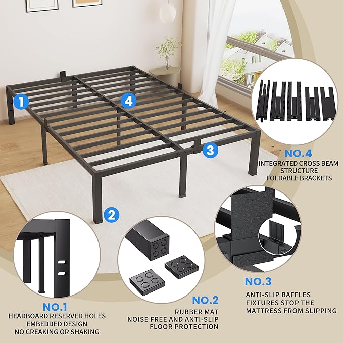 MAF 18 Inch High Queen Bed Frame No Box Spring Needed Heavy Duty Queen Platform Bed Frame Steel Slat Support Noise Free Black Bed Frame Queen Size Easy Assembly