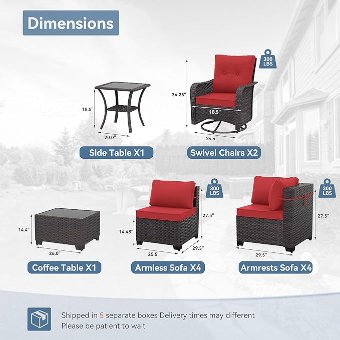 Kurapika 12 Pieces Patio Furniture Set, Rattan Wicker Sofa Set, Outdoor Conversation Sets w/Swivel Rocking Chairs Patio Sectional Sofa w/4 Inch Cushion, Red