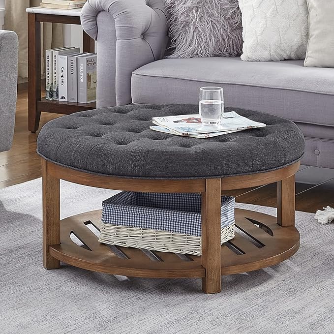 24KF Large Round Upholstered Tufted Linen Ottoman Coffee Table, Large Footrest Ottoman with Wood Shelf Storage-Charcoal